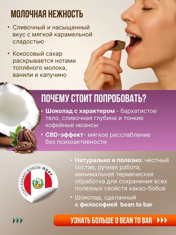 Молочный шоколад на кокосовом сахаре (40% какао, 200мг CBD), MotherPlant, Вес 100гр.